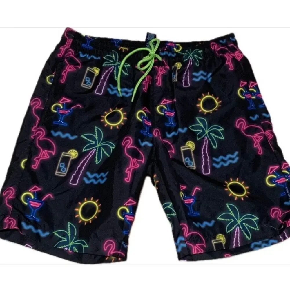 Hot Coals Swim Shorts Small Flamingo Palm Tree Sun black neon pink green drinks